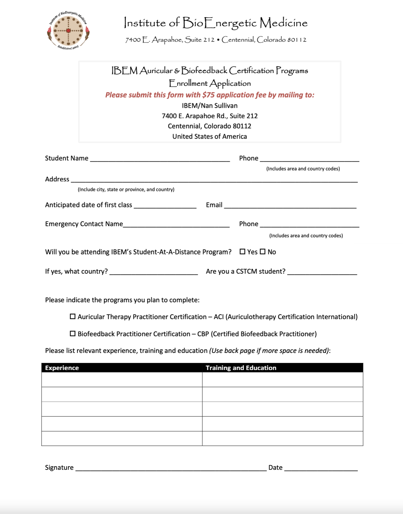 A And B Admission Application Form - Institute Of BioEnergetic Medicine